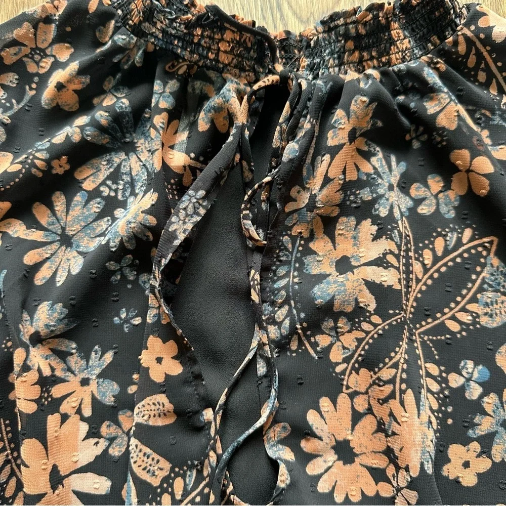 Free People Clarissa Floral Top XS Black Long Sleeve Ruffle High Neck Boho Fairy